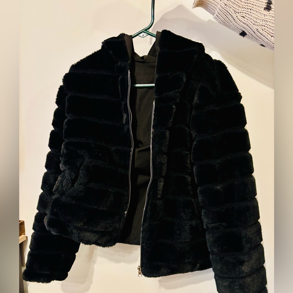 Black faux fur hooded jacket. Pre-owned.